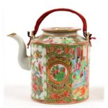 A CANTON FAMILLE ROSE CYLINDRICAL TEAPOT WITH CORDED HANDLES