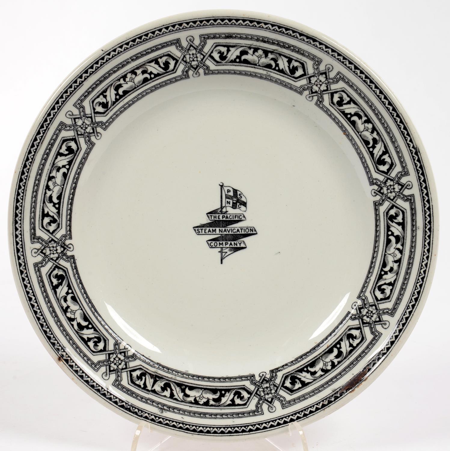 SHIPPING LINE MEMORABILIA. A MINTONS BLACK PRINTED EARTHENWARE PLATE MADE FOR THE PACIFIC STEAM