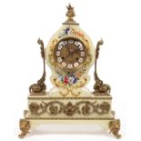 A GILTMETAL MOUNTED PAINTED WOOD MANTEL CLOCK, THE DIAL WITH ENAMEL CHAPTERS, 48CM H