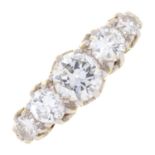 A DIAMOND FIVE STONE RING,?THE OLD CUT DIAMONDS OF APPROX 1.1CT AND G/H COLOUR, VSII/SI1, IN GOLD