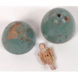 A MINIATURE PAINTED MATCHSTICK DOLL, 1.5CM H, IN A BLUE PAINTED WOOD BIRD'S EGG SHAPED BOX, EARLY