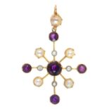 AN AMETHYST, SPLIT PEARL AND PASTE PENDANT IN GOLD, UNMARKED, 4G