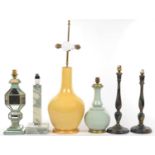 A PAIR OF PAINTED AND TURNED WOOD TABLE LAMPS, A CHINESE STYLE YELLOW GLAZED VASE SHAPED LAMP,