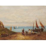 ENGLISH SCHOOL, 19TH CENTURY FISHERFOLK SORTING THE CATCH, OIL ON CANVAS, 29 X 39CM