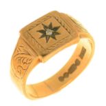 A 9CT GOLD GENTLEMAN'S SIGNET RING, GYPSY SET WITH A SMALL DIAMOND, 7G, SIZE Q