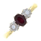 A RUBY AND DIAMOND THREE STONE RING, ILLUSION SET, 18CT GOLD HOOP, 3.3G, SIZE Q