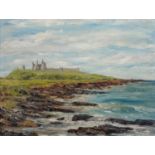 E. J. YORK, RUINED CASTLE ON A HEADLAND, SIGNED, OIL ON BOARD, 44 X 58.5CM