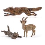 THREE COLD PAINTED BRONZE MINIATURE SCULPTURES OF ANIMALS, COMPRISING RUNNING FOX (LACKING ONE