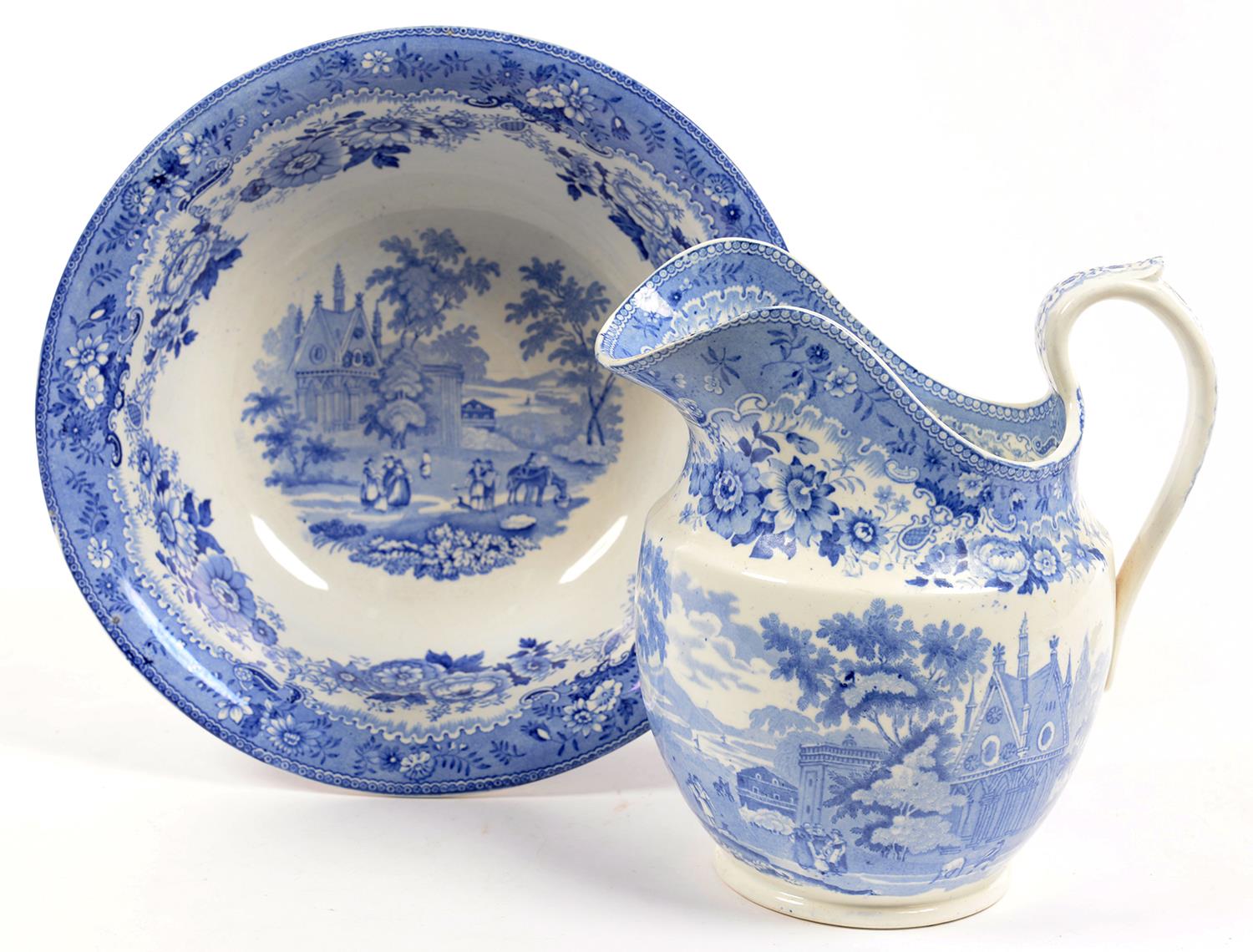 A DAVENPORT BLUE PRINTED EARTHENWARE 'VIEW IN GENEVA' PATTERN CHAMBER JUG AND BOWL, BOWL 30.5CM D,