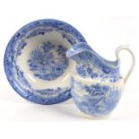 A DAVENPORT BLUE PRINTED EARTHENWARE 'VIEW IN GENEVA' PATTERN CHAMBER JUG AND BOWL, BOWL 30.5CM D,