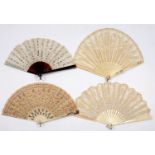 THREE 19TH C CONTINENTAL BONE FANS WITH LACE LEAF AND ANOTHER OF FAUX TORTOISESHELL, ALSO WITH