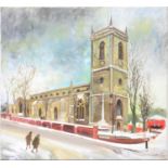 REGINALD EDWIN BASS CHURCH IN THE SNOW; LONDON, TWO, BOTH SIGNED, OIL ON CANVAS, 76 X 63CM AND