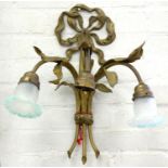 A GILTMETAL THREE BRANCH WALL LIGHT WITH TWO OPALESCENT GLASS SHADES, 58CM H