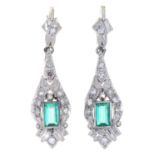 A PAIR OF EMERALD AND DIAMOND DROP EARRINGS, IN PLATINUM, UNMARKED, 6.5G