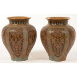 A PAIR OF DOULTON SILICON WARE VASES DECORATED BY ELIZA SIMMANCE, DIPPED IN TURQUOISE SLIP AND