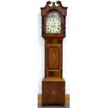 A VICTORIAN INLAID OAK AND MAHOGANY EIGHT DAY LONGCASE CLOCK, THE PAINTED BREAK ARCHED DIAL