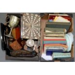 MISCELLANEOUS ITEMS, INCLUDING AN INDIAN WORK BOX, MISCELLANEOUS PLATED WARE, BOOKS, ETC