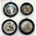 FOUR F&R PRATT COLOUR PRINTED POT LIDS, 12.5CM D AND SMALLER, ALL C1860, EBONISED FRAMES