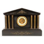 A FRENCH BRASS MOUNTED SLATE MANTEL CLOCK IN THE FORM OF A CLASSICAL TEMPLE, THE DIAL WITH