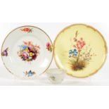 A CROWN DERBY YELLOW GROUND PLATE, PAINTED WITH NATURALISTIC FLOWERS, SHAPED GILT RIM, 23.5CM D,