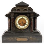 A FRENCH SLATE AND CORNISH SERPENTINE ARCHITECTURAL CASED MANTEL CLOCK, 33CM H, WITH ENGRAVED