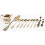 A GEORGE V SILVER CREAM JUG, 7 CM H, CHESTER 1917 AND VARIOUS SILVER FLATWARE, VICTORIAN AND