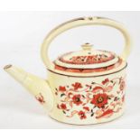 A WEDGWOOD OVAL QUEENSWARE TEAPOT AND COVER, DECORATED IN RED AND BLACK WITH CHINESE FLOWERS, 16CM