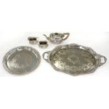 A THREE PIECE EPNS TEA SET, TRAY AND SALVER, EARLY 20TH C