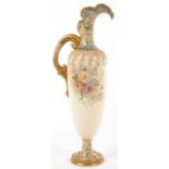 A ROYAL DOULTON EARTHENWARE EWER, PAINTED WITH ROSES ON AN IVORY COLOURED GROUND BETWEEN FLORAL NECK