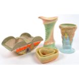 AN ART DECO CZECHOSLOVAKIAN EARTHENWARE BASKET, 28CM L, C1930, A SYLVAC VASE AND AND TWO OTHER ITEMS