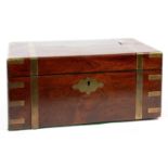 A VICTORIAN BRASS BOUND ROSEWOOD WRITING BOX WITH FITTED INTERIOR AND BRASS CAPPED GLASS WELL BY