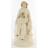 A VICTORIAN PARIAN WARE FIGURE OF A SEATED SHERPHERDESS, 29CM H, C1870