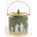 AN EPNS MOUNTED WEDGWOOD GREEN JASPER DIP BISCUIT BARREL AND COVER, 15CM H, IMPRESSED MARK, LATE