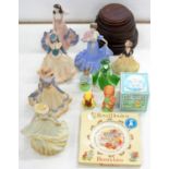 SEVEN COALPORT FIGURES OF YOUNG WOMEN, 23CM H AND SMALLER, A BOXED ROYAL DOULTON BUNNYKINS PLATE,