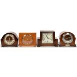 FOUR VARIOUS OAK MANTEL CLOCKS, ONE WITH CHIMING MOVEMENT, VARIOUS SIZES, 1930'S AND LATER