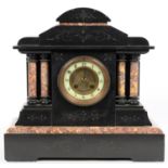 A FRENCH SLATE AND MARBLE CLASSICAL TEMPLE FORM MANTEL CLOCK WITH PRIMROSE ENAMEL CHAPTER RING, 37CM