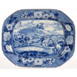 A BLUE PRINTED EARTHENWARE MONK'S ROCK SERIES CARREG CENNEN CASTLE PATTERN MEAT DISH WITH WATER MILL