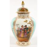 A GERMAN PORCELAIN JAR AND COVER, PAINTED WITH ALTERNATE PANELS OF 18TH C LOVERS AND FLOWERS ON A