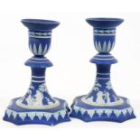 A PAIR OF WEDGWOOD DARK BLUE JASPER DIP DWARF CANDLESTICKS, 13CM H, IMPRESSED MARKS, C1900