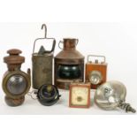A QUANTITY OF VINTAGE CAR AND OTHER LAMPS, BLACK JAPANNED CYCLE BLACK OUT LAMP, A SHEPHERD'S