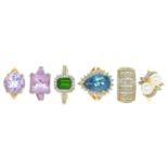 SIX GEM SET 9CT GOLD RINGS COMPRISING A DIAMOND RING, A TOPAZ AND DIAMOND RING, A PERIDOT AND