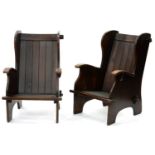 A PAIR OF RUSTIC STYLE OAK ARMCHAIRS, 68CM W