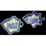 TWO STAFFORDSHIRE BLUE PRINTED EARTHENWARE LEAF SHAPED PICKLE DISHES, 14CM L, EARLY 19TH C