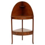 A GEORGE III MAHOGANY BOW FRONTED CORNER WASHSTAND, 122CM H