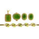 A JADE RING IN GOLD MARKED 14K, SIZE O, AND EARRINGS AND PENDANT EN SUITE, 18G, AND TWO OTHER ITEMS