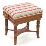 A TURNED MAHOGANY PIANO STOOL WITH WOOLWORK SEAT, EARLY 20TH C, 46CM W