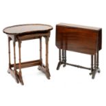 A MAHOGANY SUTHERLAND TABLE, 56CM H AND A MAHOGANY NEST OF TABLES, ONE WITH KIDNEY SHAPED TOP,