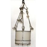 AN OXIDISED METAL HALL LANTERN WITH FROSTED GLASS SHADE, EARLY 20TH C, 19CM D, C1900