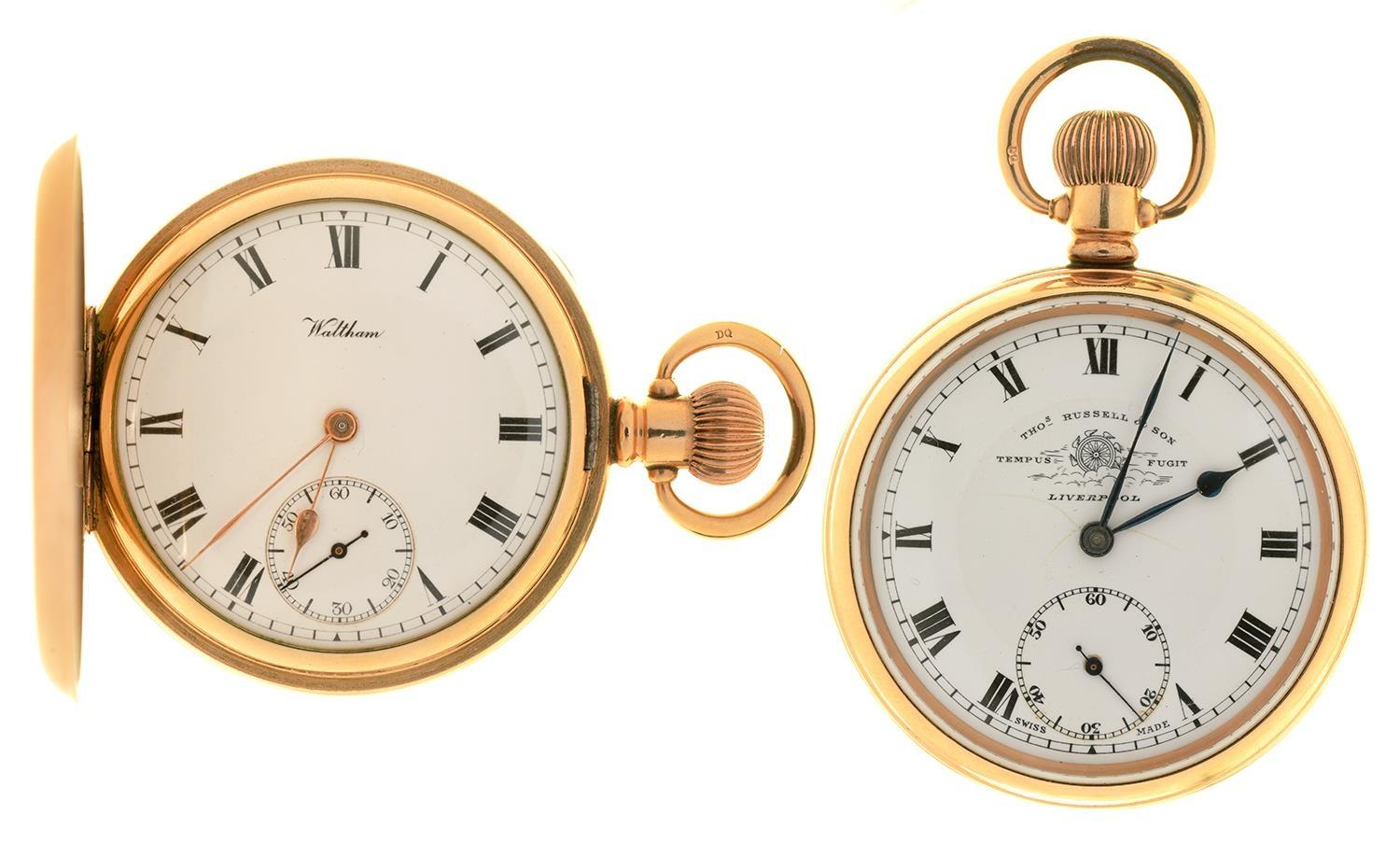 A THOMAS RUSSELL AND SONS GOLD PLATED KEYLESS LEVER WATCH AND A WALTHAM GOLD PLATED HUNTING CASED