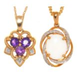 AN OPAL AND DIAMOND PENDANT ON CHAIN IN GOLD MARKED 9CT AND AN AMETHYST PENDANT ON CHAIN IN 9CT